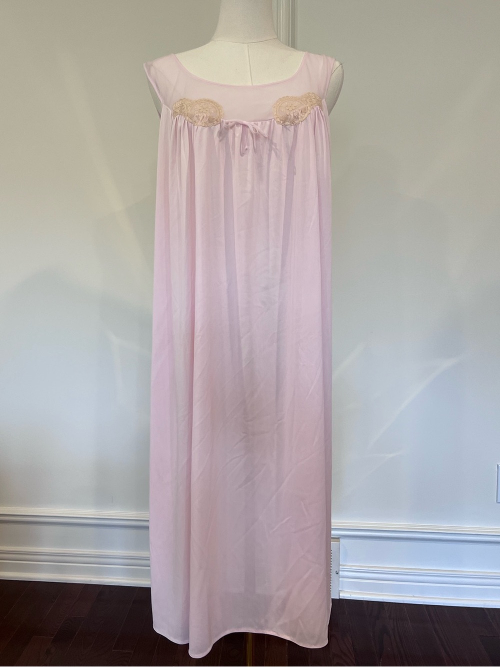 Vintage 1960s Pale Pink Nylon Nightgown Lace Applique Cottagecore Coquette Maxi